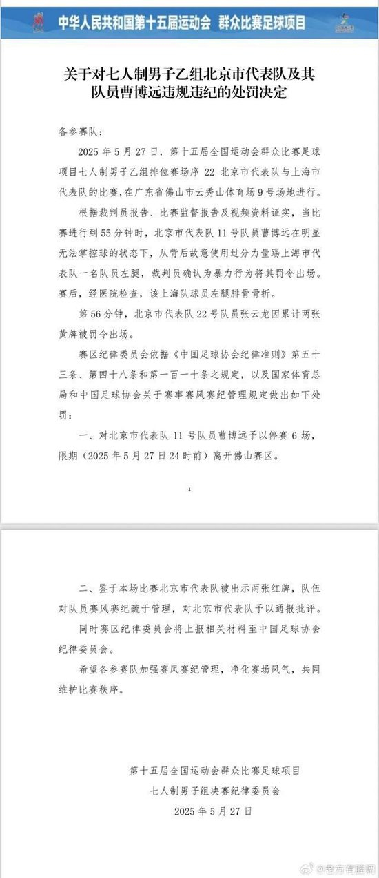 暴力犯规致对手腓骨骨折,北京队曹博远遭停赛6场 暴力犯规致对手腓骨骨折,北京队曹博远遭停赛6场