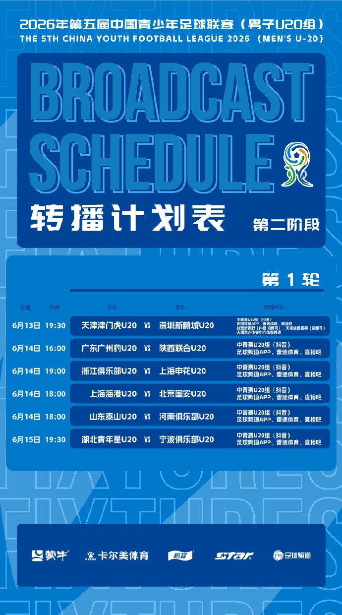 中青赛U20第二阶段赛程确认 上海海港U20揭幕战6月13日19:30开打