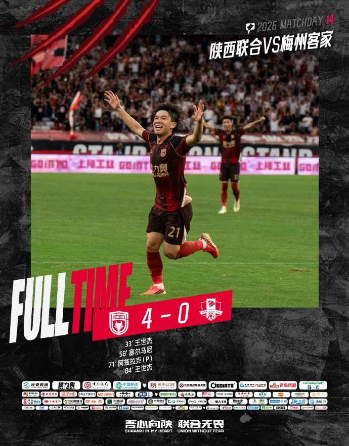 王世新、阿兹来尔各入两球 陕西联合主场4-0完胜梅州客家 王世新、阿兹来尔各入两球 陕西联合主场4-0完胜梅州客家