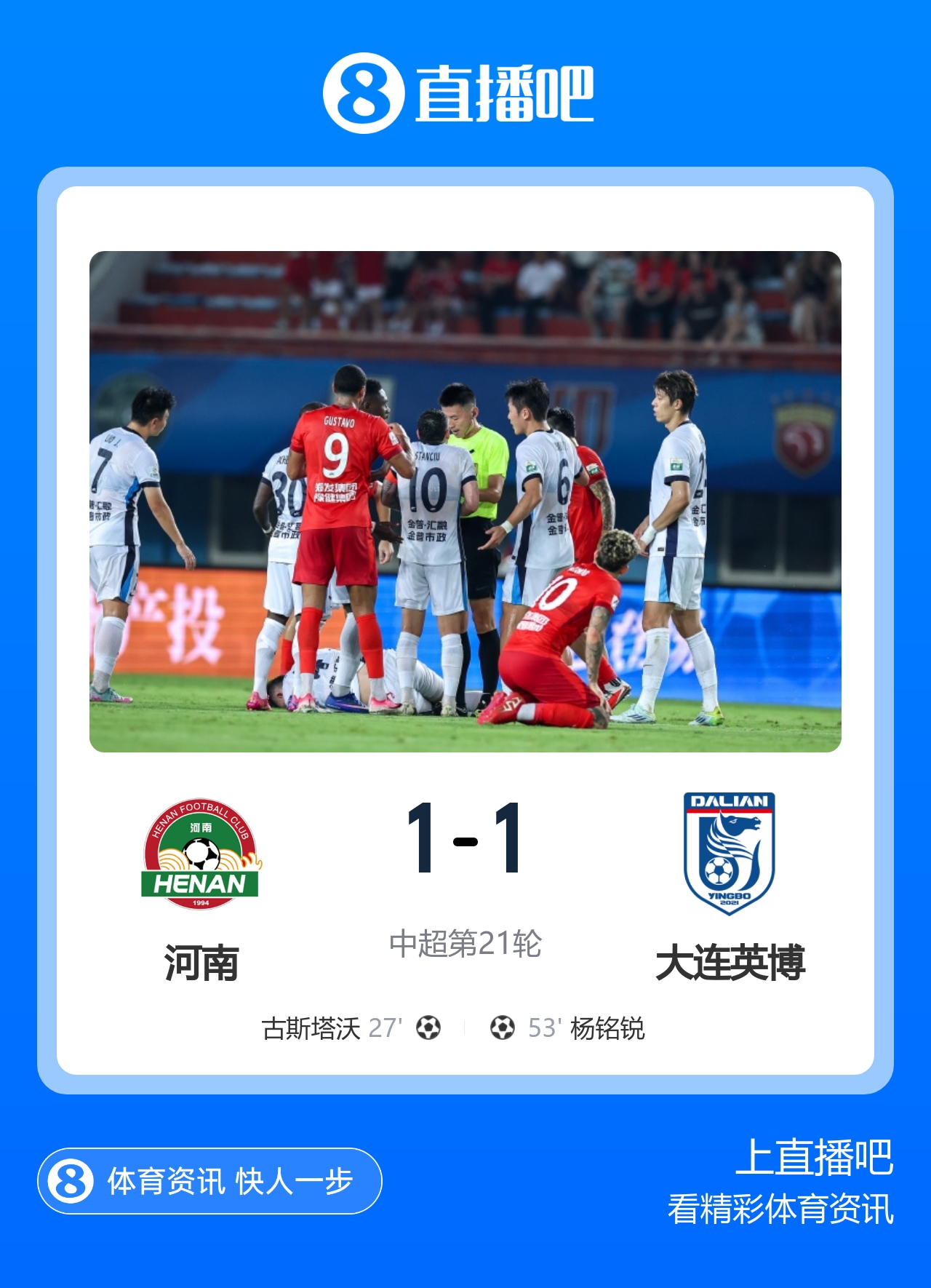 大连英博客场1-1河南升至第三 19岁杨铭锐替补救主 大连英博客场1-1河南升至第三 19岁杨铭锐替补救主