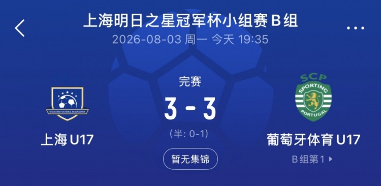 上海U17两球落后连扳两球3-3葡体U17,梁锦鸿双响吕孟洋助攻 上海U17两球落后连扳两球3-3葡体U17,梁锦鸿双响吕孟洋助攻