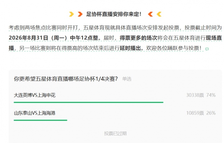 五星体育发布投票让球迷选择转播比赛,此前计划播海港现改播申花 五星体育发布投票让球迷选择转播比赛,此前计划播海港现改播申花