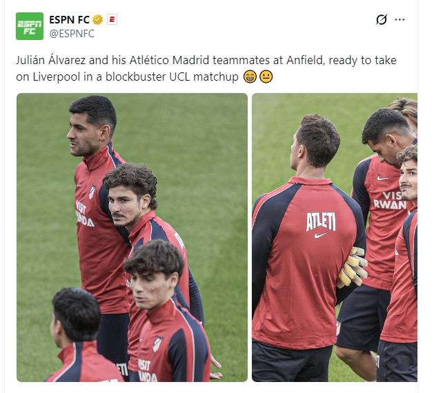 会出场吗?ESPN:阿尔瓦雷斯与队友在安菲尔德进行赛前踩场 会出场吗?ESPN:阿尔瓦雷斯与队友在安菲尔德进行赛前踩场